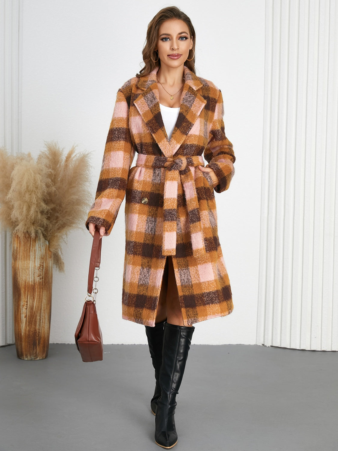 Light Gray Tied Plaid Collared Neck Coat Coats & Jackets