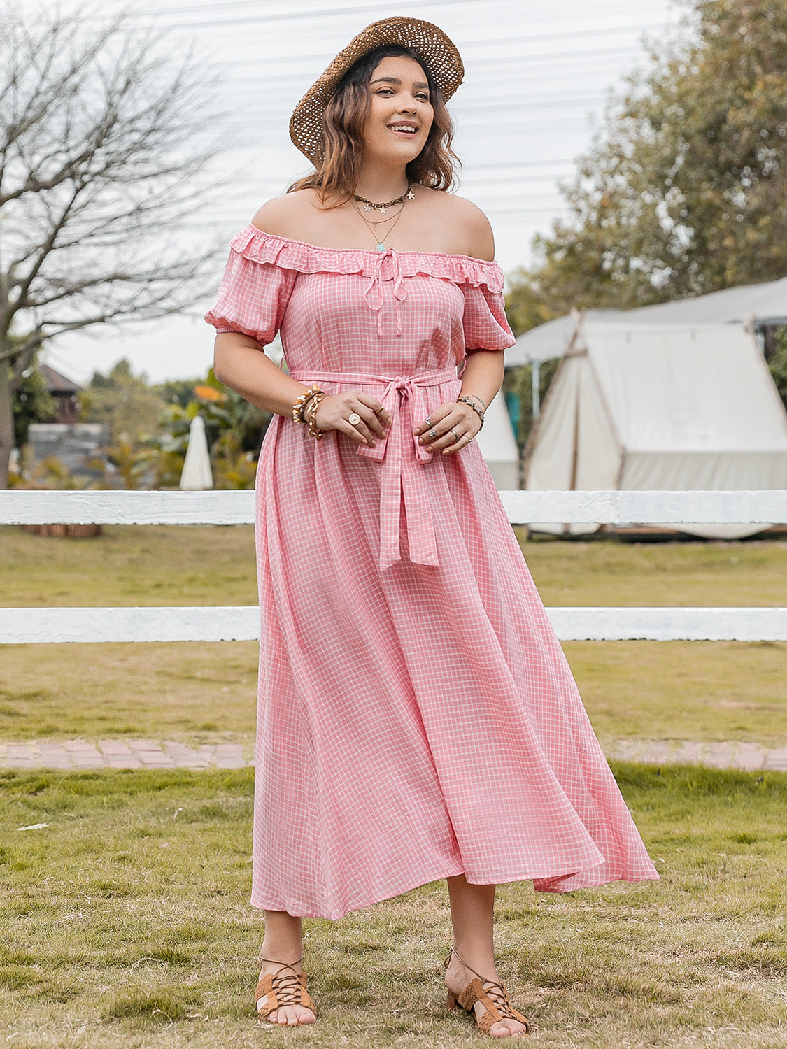 Rosy Brown Plus Size Plaid Off-Shoulder Short Sleeve Midi Dress