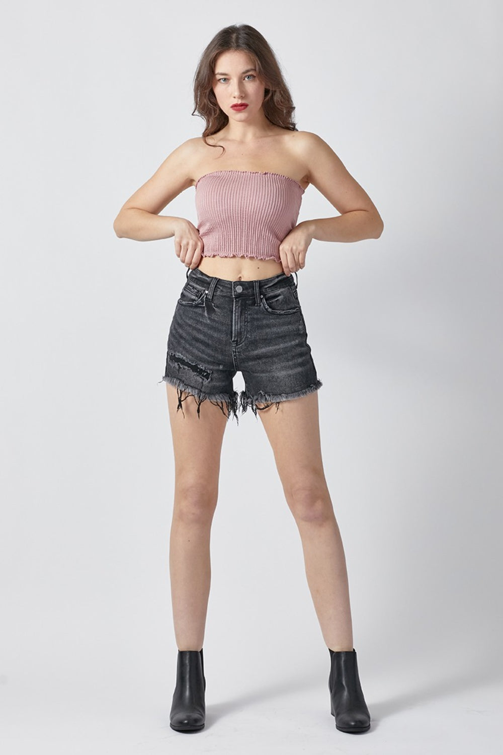 Light Gray RISEN Raw Hem Denim Shorts with Pockets Denim