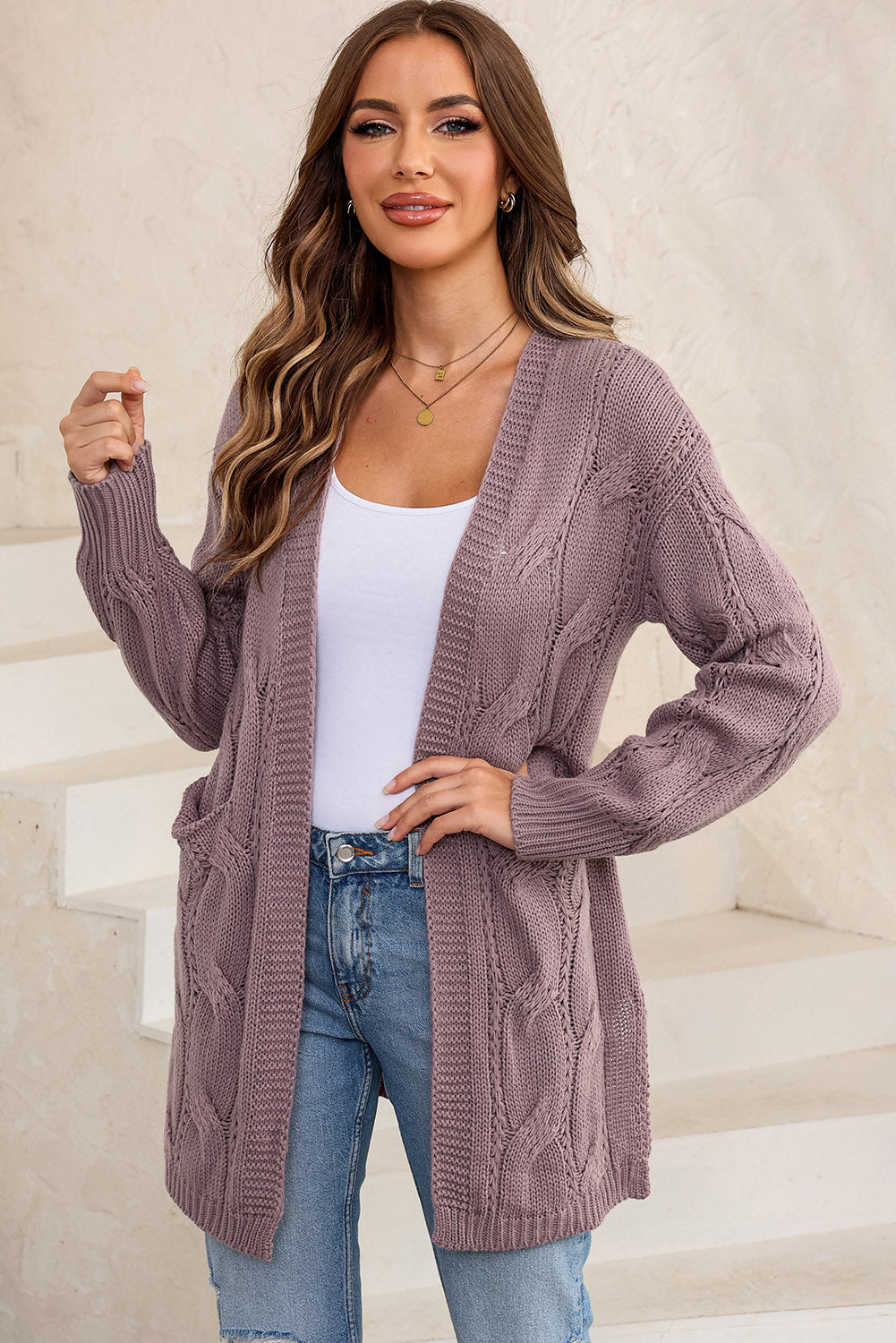 Gray Cable-Knit Dropped Shoulder Cardigan Clothing