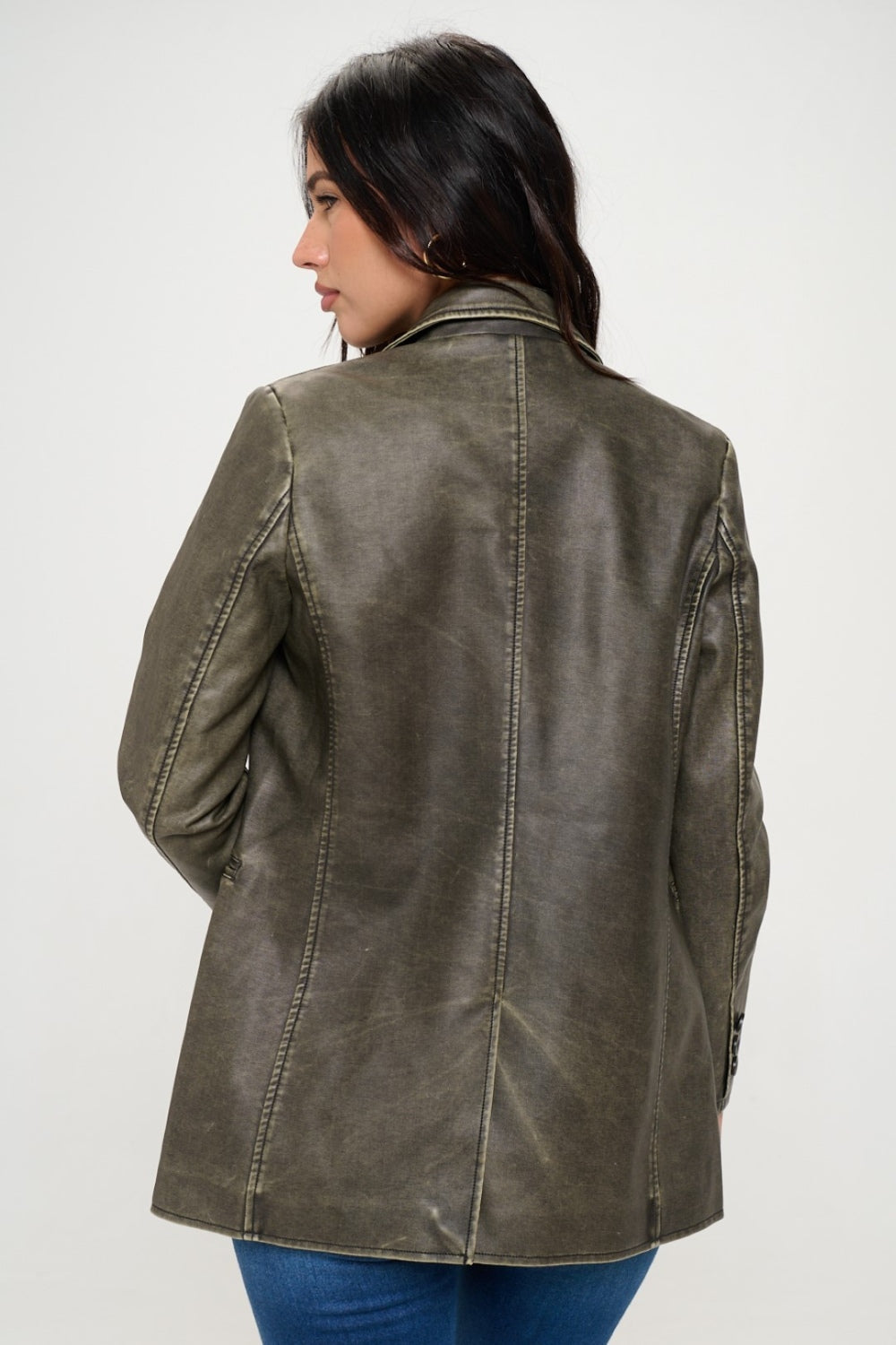 Dark Olive Green Coalition LA Single-Breasted Vegan Leather Blazer Trends