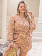 Gray Plus Size Printed Off-Shoulder Top and Shorts Set