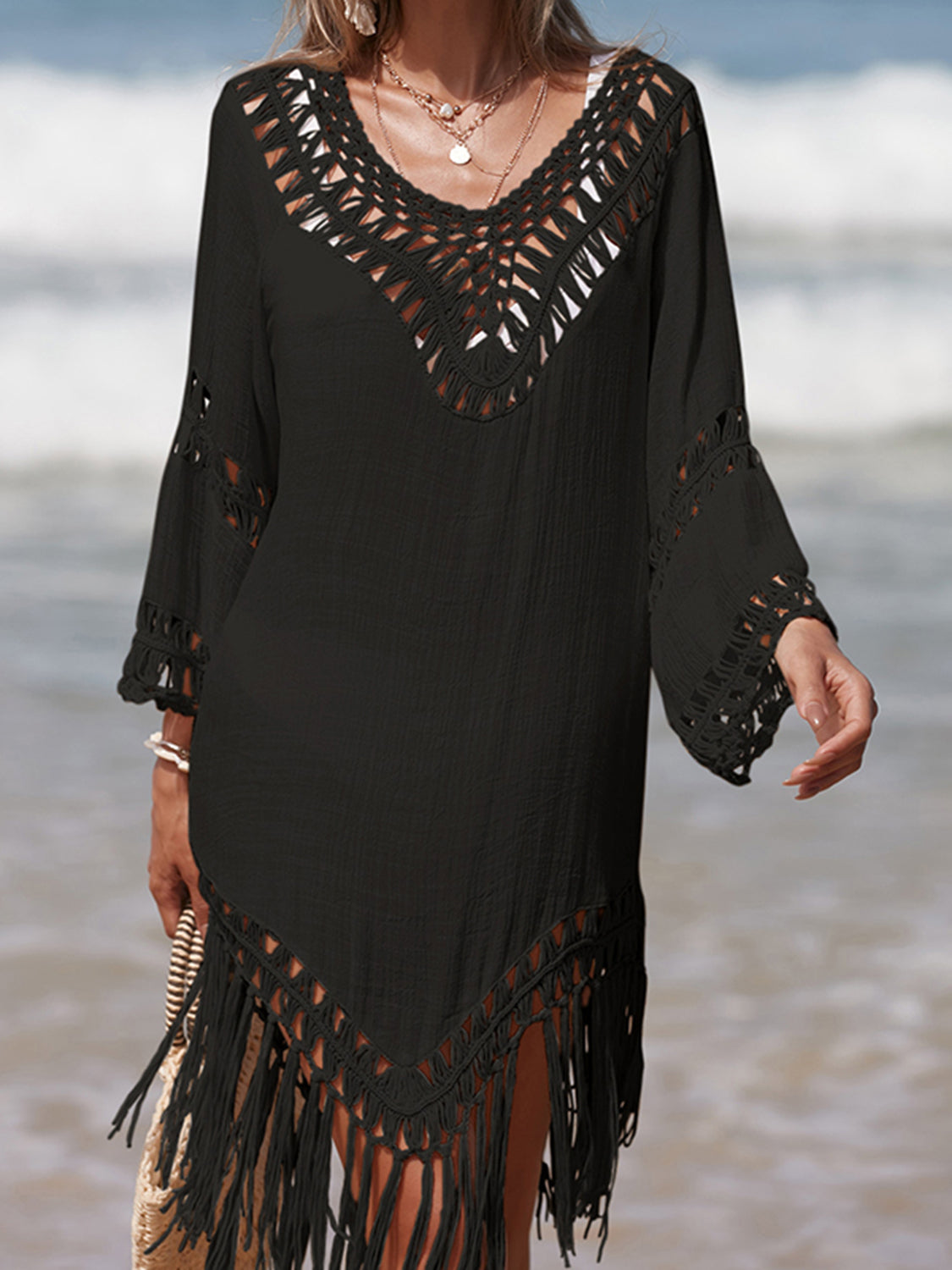 Dark Gray Cutout Fringe Scoop Neck Cover-Up