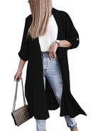 Black Slit Open Front Roll-Tab Sleeve Trench Coat Coats & Jackets