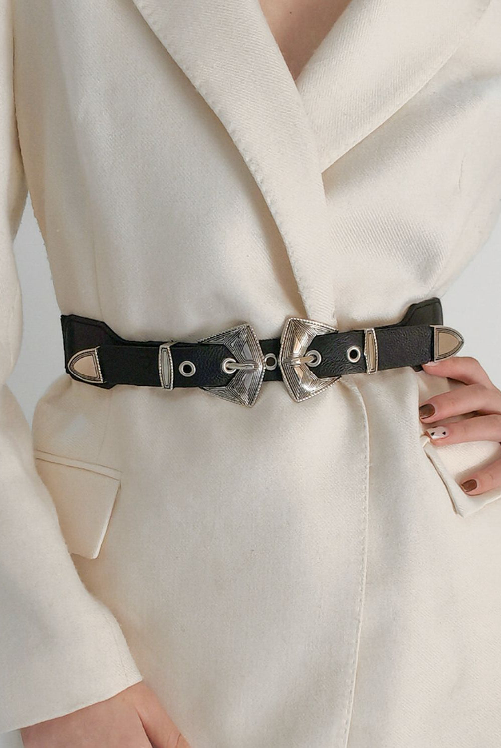 Gray Double Buckle PU Leather Belt