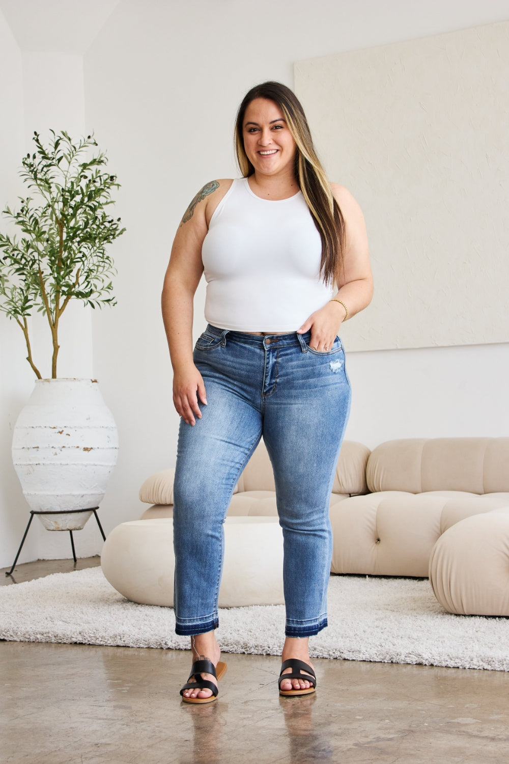 Light Gray Judy Blue Full Size Release Hem Cropped Bootcut Jeans