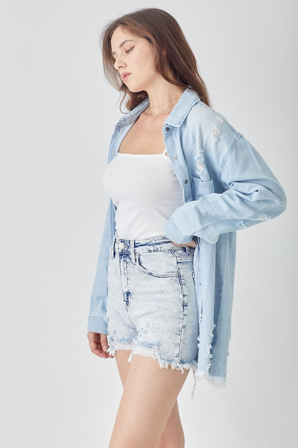 Light Gray RISEN Raw Hem Distressed High Rise Denim Shorts Denim