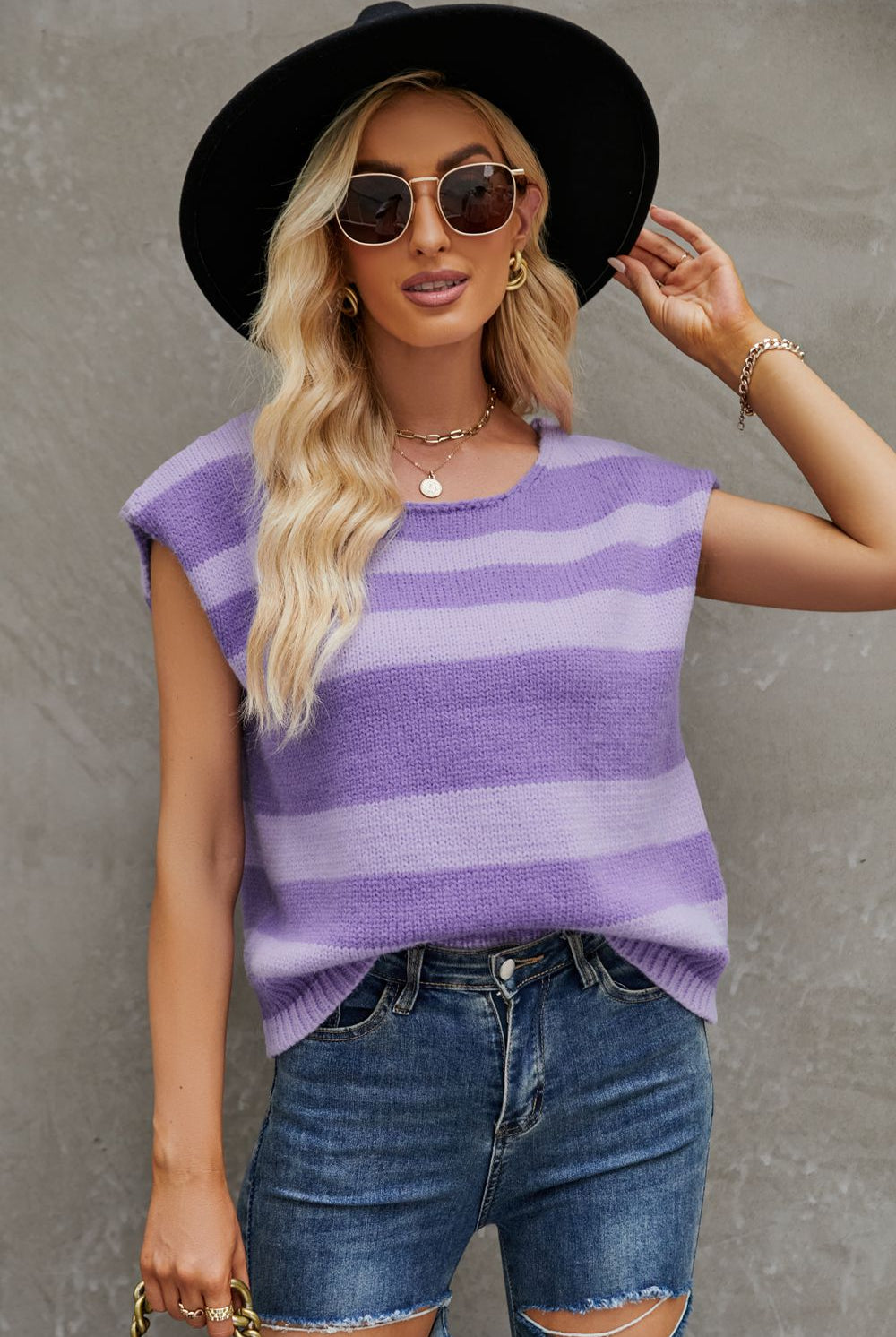 Slate Gray Striped Round Neck Cap Sleeve Knit Top