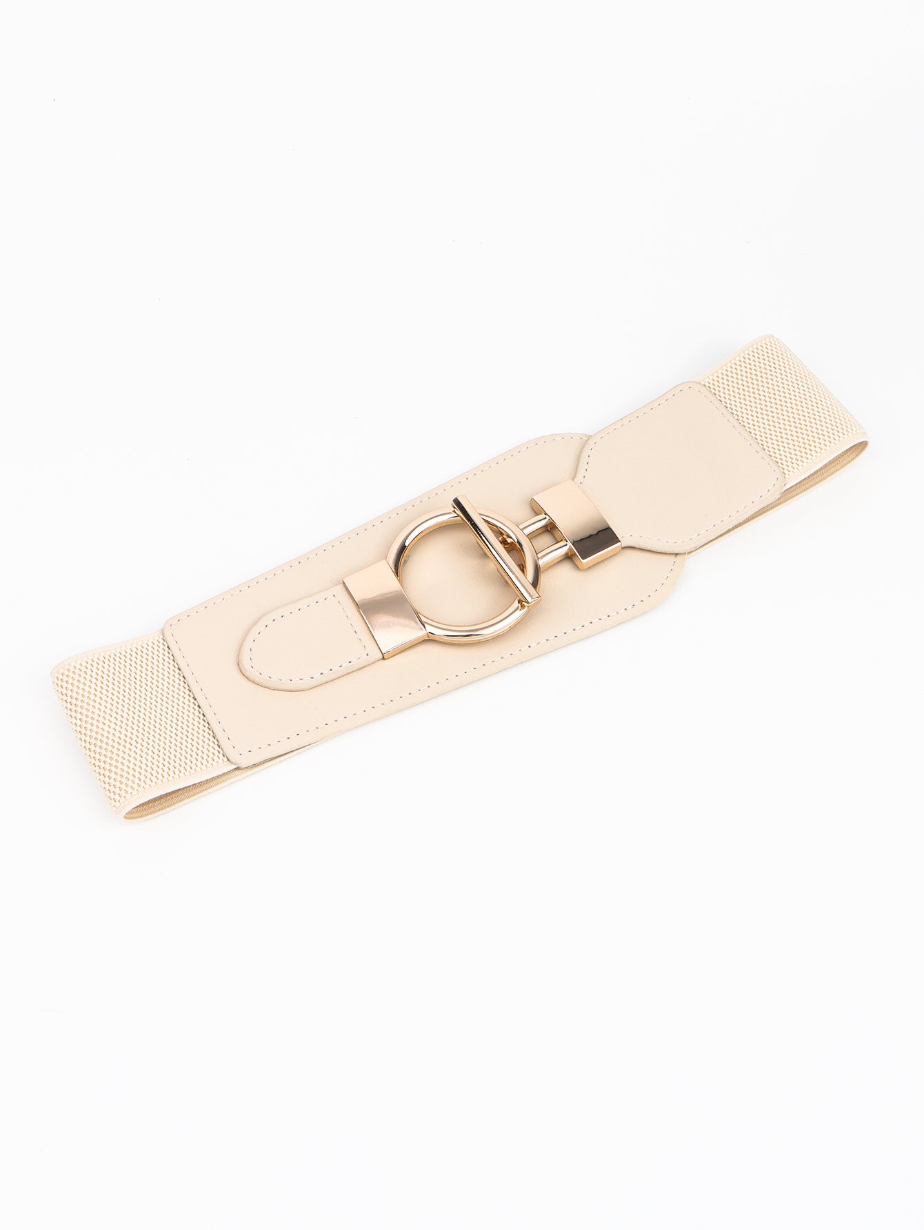 Beige PU Elastic Wide Belt with Alloy Buckle Trends