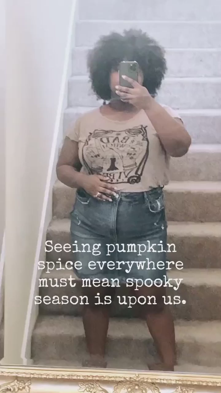 The Bad Witch collection drops at midnight! But you can shop the soft launch now. Grab your bad witch vibes t-shirt before they’re gone! The Amelia Denim Skirt is from a brand we carry called Risen and if you love the viral Judy Blue Jeans youre going to love Risen Jeans as well. Amazing styles and equally great stretch. (We carry both 😍) #spookyseason #badwitchesonly #pumpkinspiceseason #fallfashion #tiktokshop 