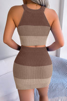 Rosy Brown Color Block Sleeveless Crop Knit Top and Skirt Set Outfit Sets