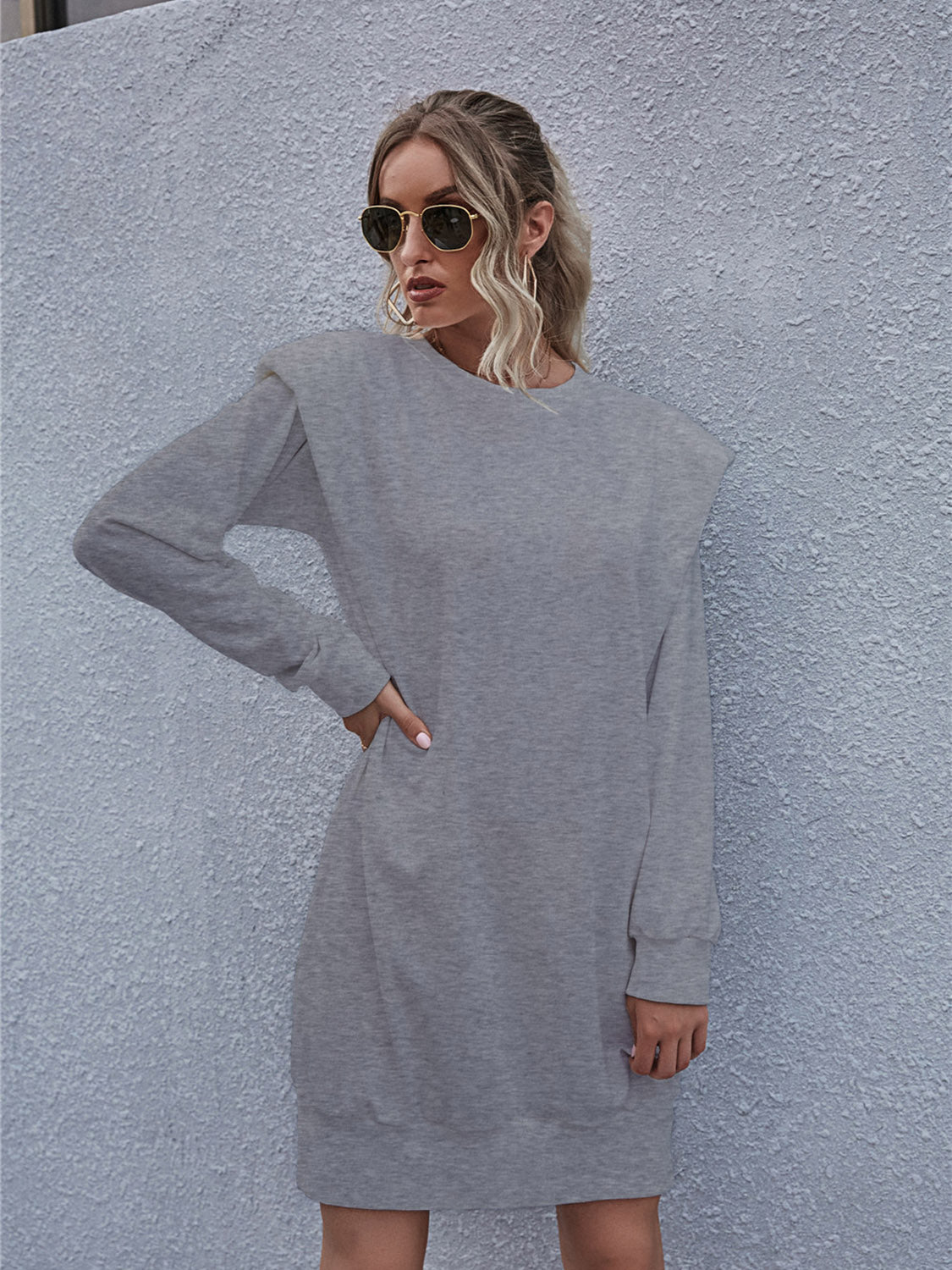 Light Slate Gray Round Neck Long Sleeve Mini Dress Clothing