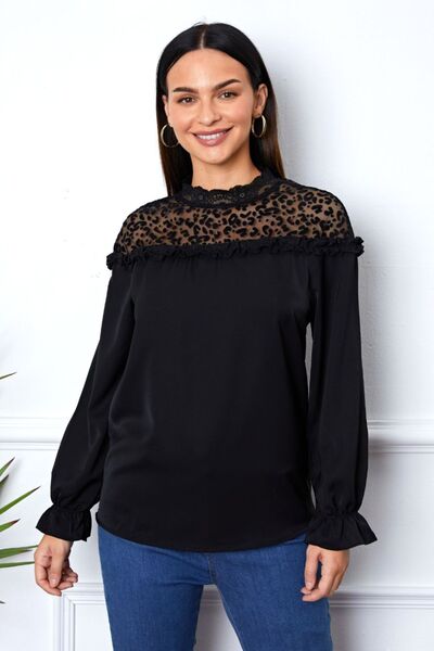 Dark Slate Gray Leopard Frill Flounce Sleeve Blouse Trends