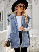 Gray Hooded Sleeveless Denim Top with Pockets Denim