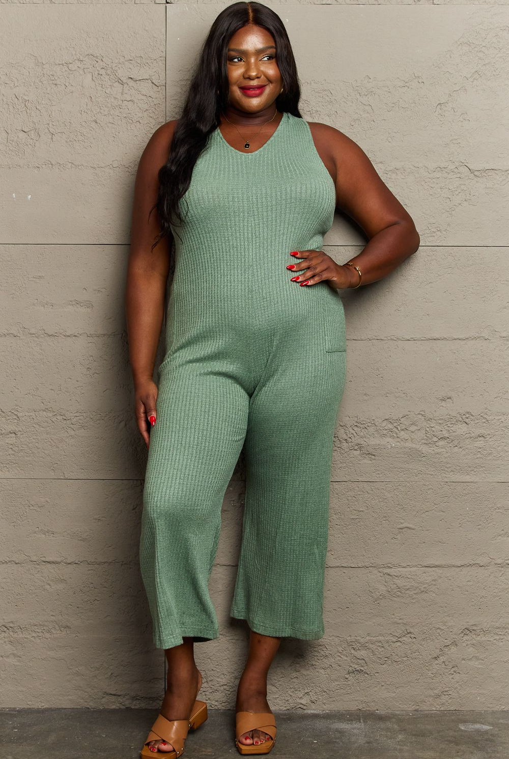 Slate Gray Don't Get It Twisted Full Size Rib Knit Jumpsuit Jumpsuits & Rompers