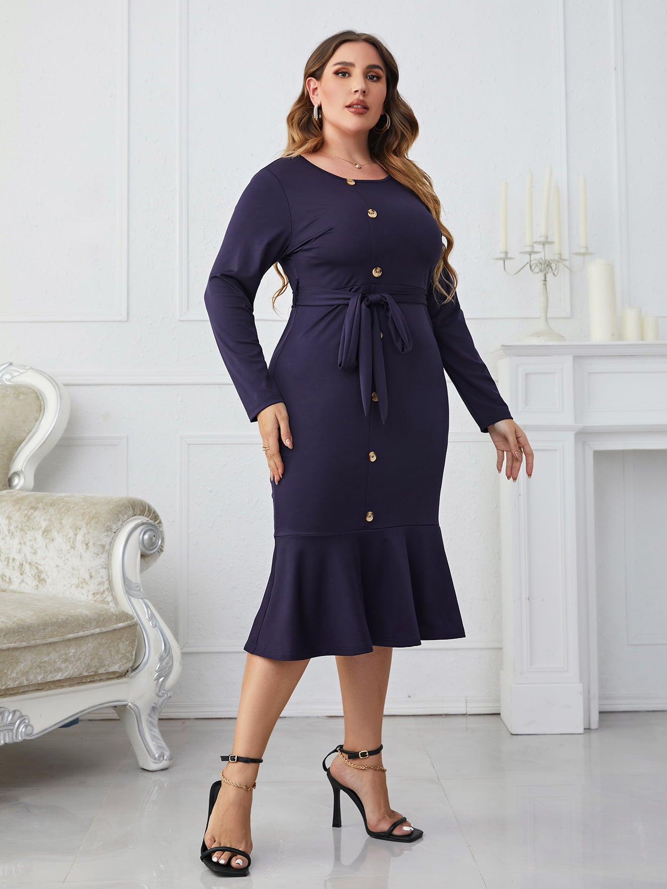 Light Gray Put Them To Work Plus Size Buttoned Round Neck Tie Belt Midi Dress Plus Size Dresses