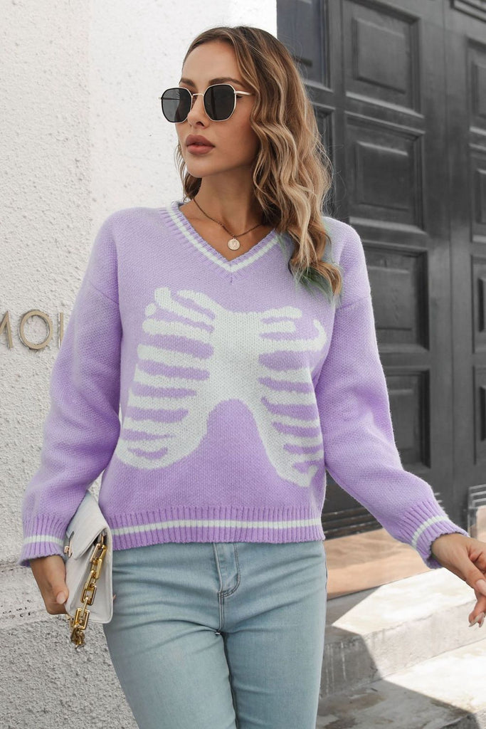 Gray Skeleton Pattern V-Neck Long Sleeve Pullover Sweater Clothing