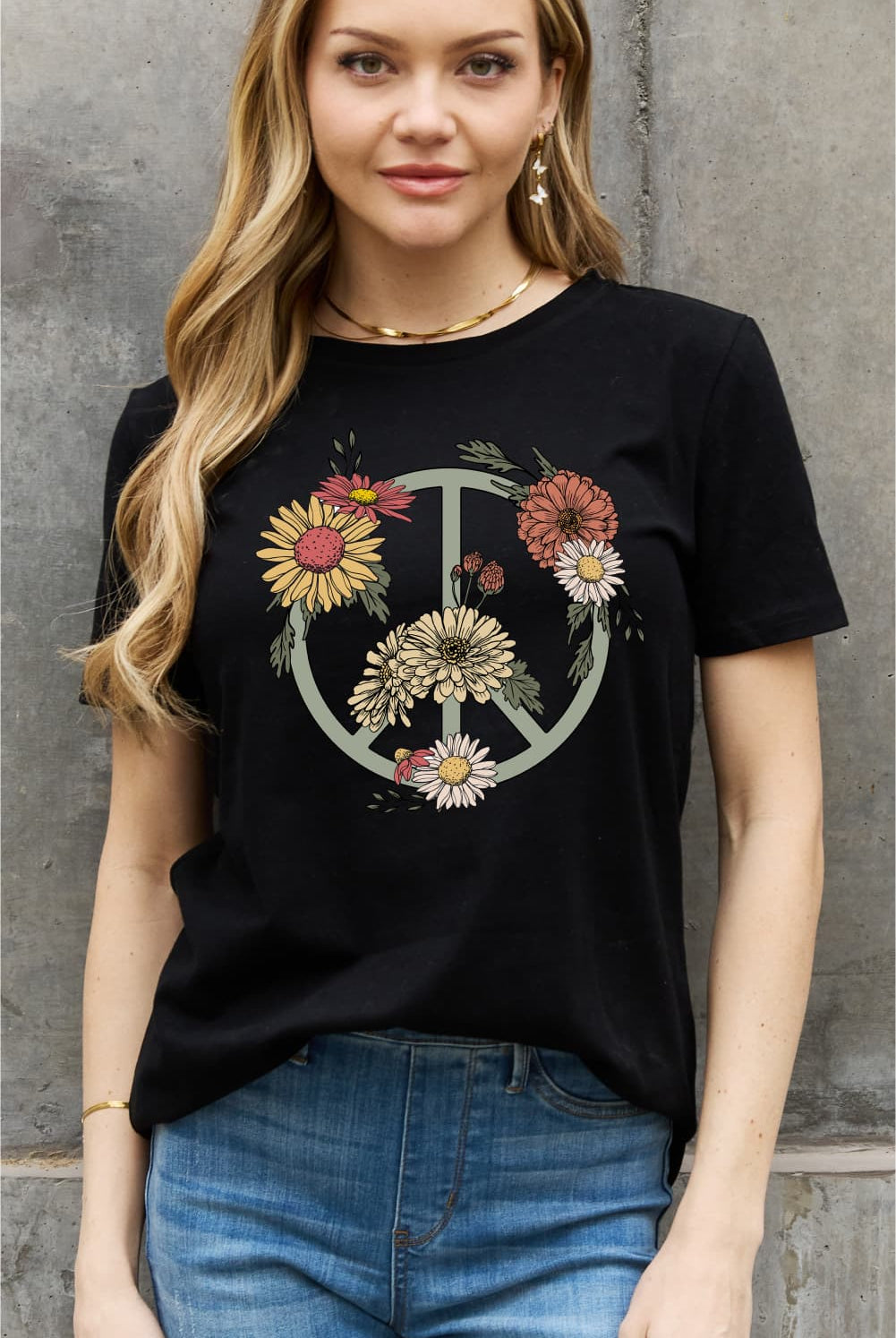 Dark Slate Gray Simply Love Full Size Flower Graphic Cotton Tee Tops