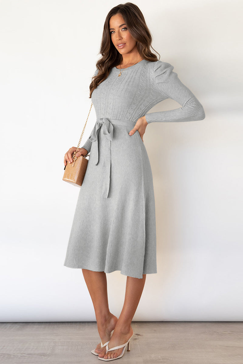 Light Gray Round Neck Long Sleeve Tie Waist Sweater Dress Clothing