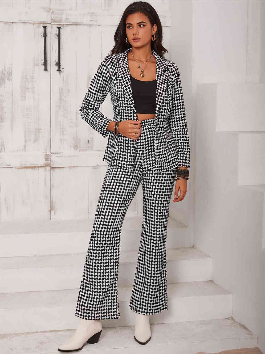 Gray Checkered Blazer & Slit Pants Set Holiday