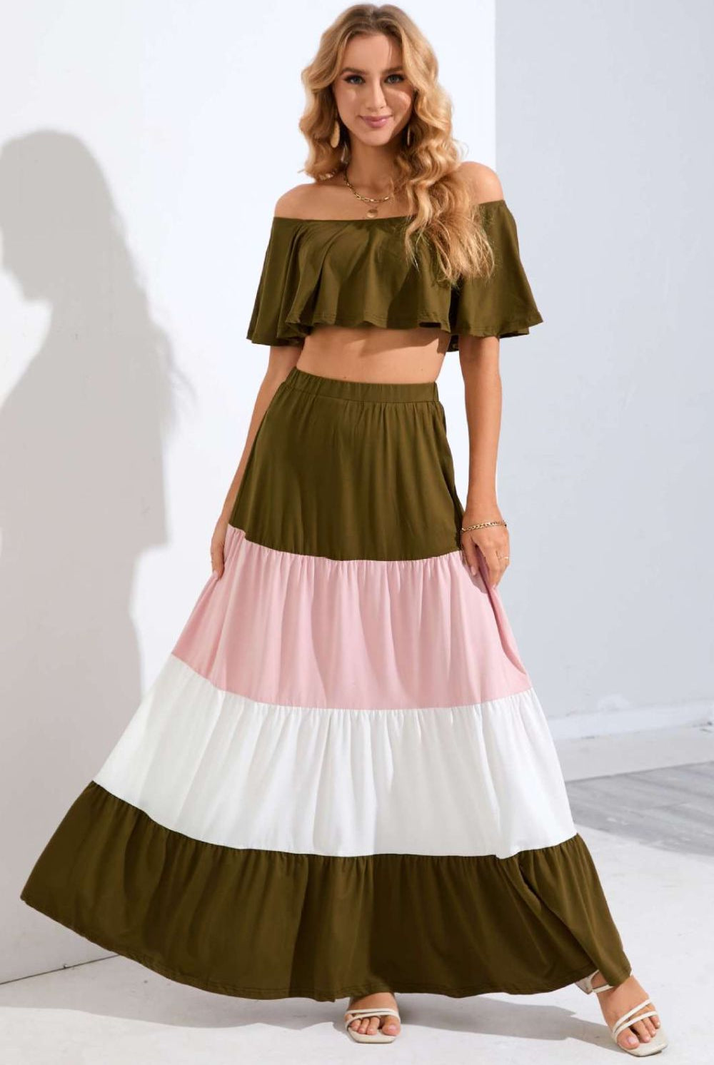 Light Gray Off-Shoulder Crop Top and Color Block Tiered Skirt Set Outfit Sets