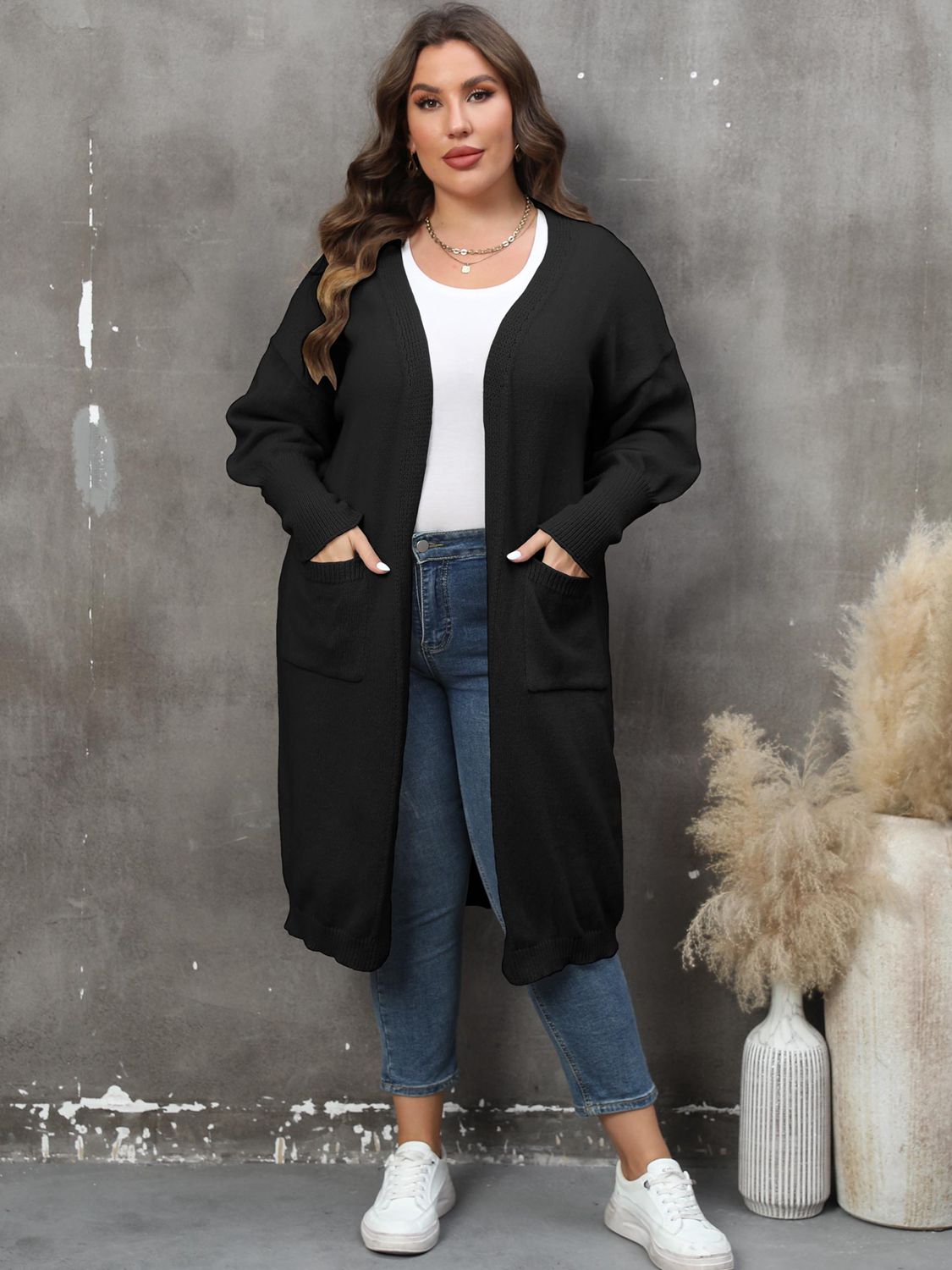 Slate Gray Plus Size Long Sleeve Pocketed Cardigan Clothing