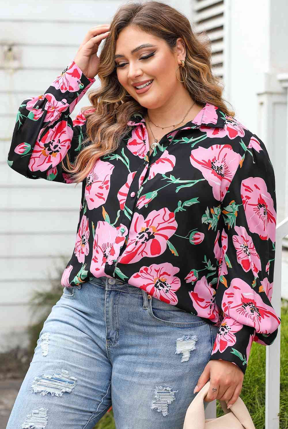 Light Gray Plus Size Printed Collared Neck Long Sleeve Shirt Plus Size Clothes