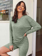 Gray Ribbed Long Sleeve Top and Shorts Set Holiday