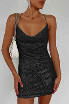 Gray Cowl Neck Contrast Sequin Sleeveless Mini Dress Holiday