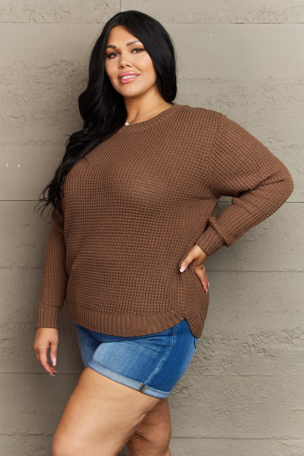 Slate Gray Zenana Breezy Days Plus Size High Low Waffle Knit Sweater Clothing