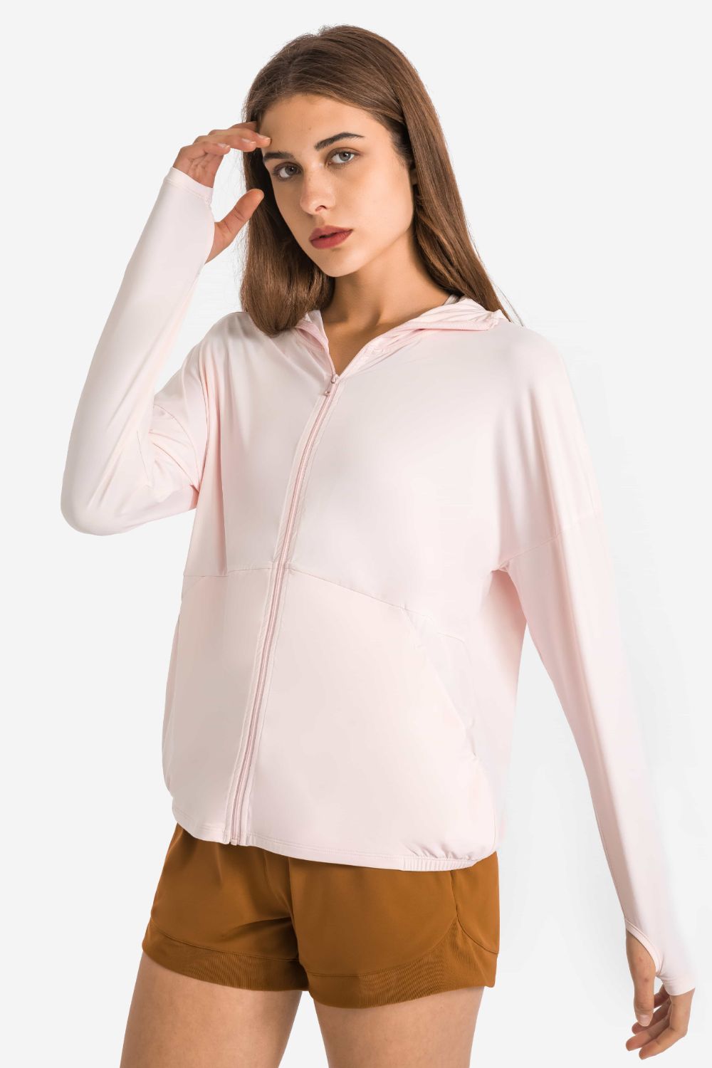 Misty Rose Sweat Now Shine Later Zip Up Dropped Shoulder Hooded Sports Jacket activewear