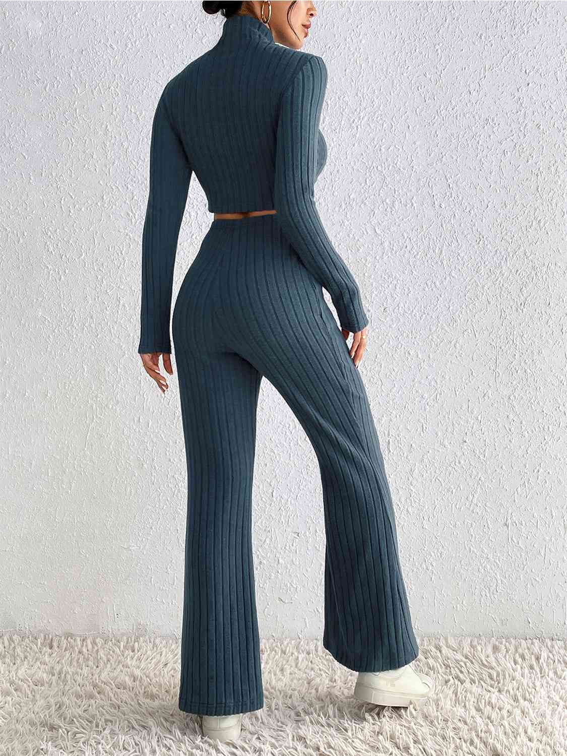 Light Gray Ribbed Mock Neck Cropped Sweater & High Waist Pants Set Holiday