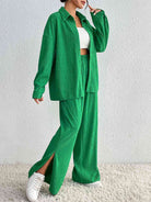 Sea Green Not Too Old For Fairytales Collared Neck Shirt and Slit Pants Set New Year Looks