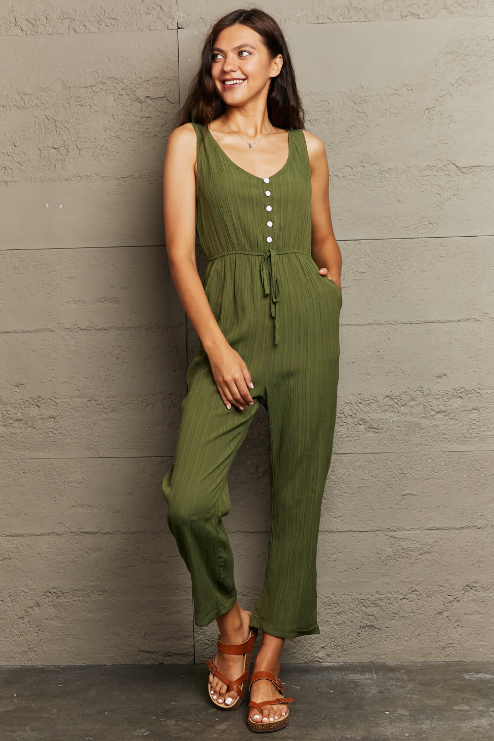 Dim Gray Tied Sleeveless Jumpsuit with Pockets Clothing