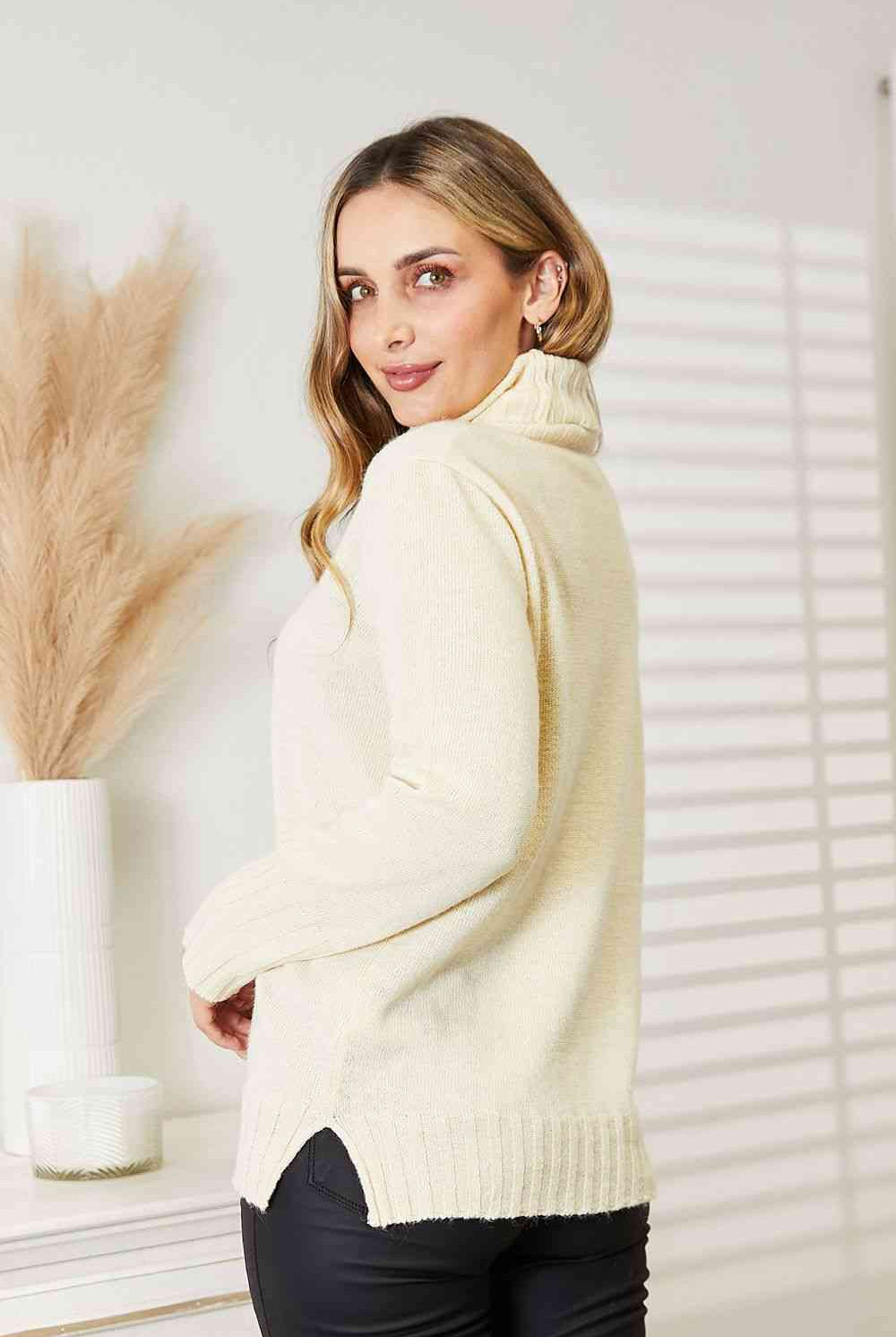 Light Gray Heimish Full Size Long Sleeve Turtleneck Sweater with Side Slit Work Attire