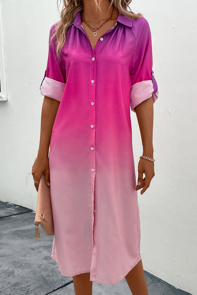 Light Gray Playing The Game Purple To Pink Gradient Long Sleeve Shirt Dress Midi Dresses