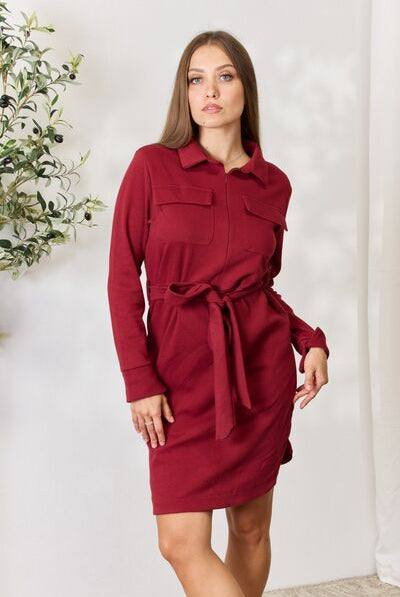 Brown Culture Code Full Size Tie Front Half Zip Long Sleeve Shirt Dress Plus Size Clothing