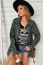 Light Gray Double Take Leopard Drawstring Waist Jacket with Pockets Trends