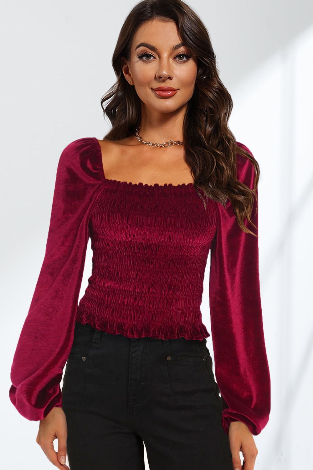 Dark Red Smocked Square Neck Long Sleeve Blouse Clothes