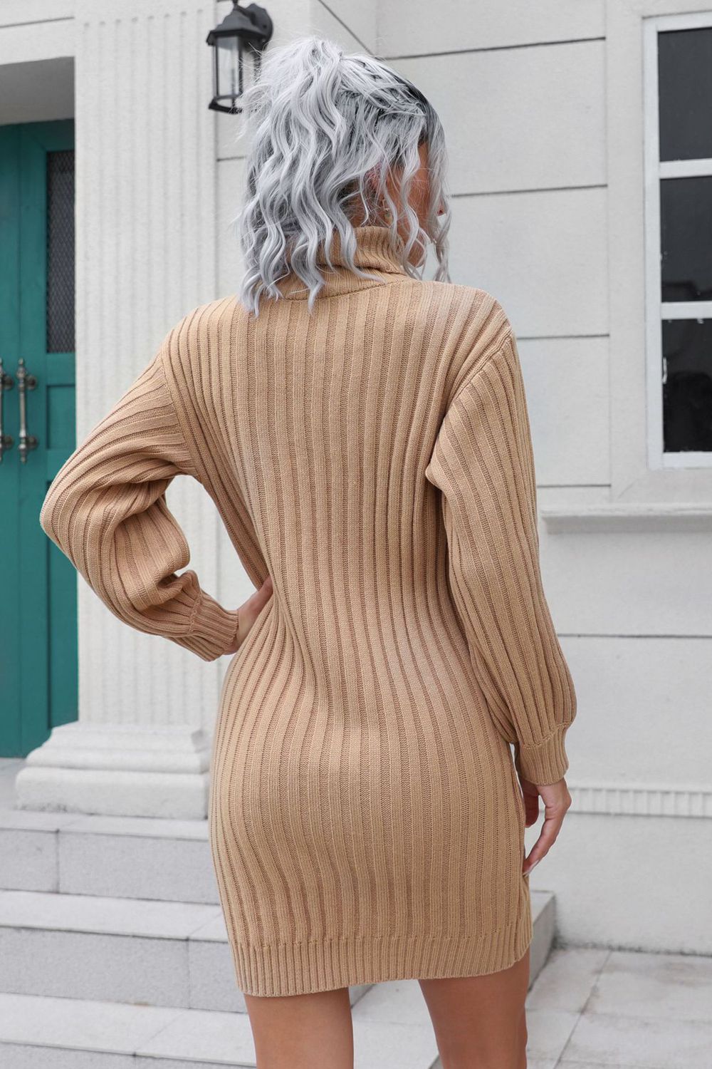 Gray Ribbed Turtle Neck Long Sleeve Mini Sweater Dress Clothing