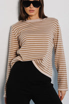 Gray Striped Round Neck Long Sleeve Sweater Clothing