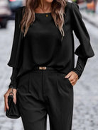 Black Round Neck Lantern Sleeve Blouse