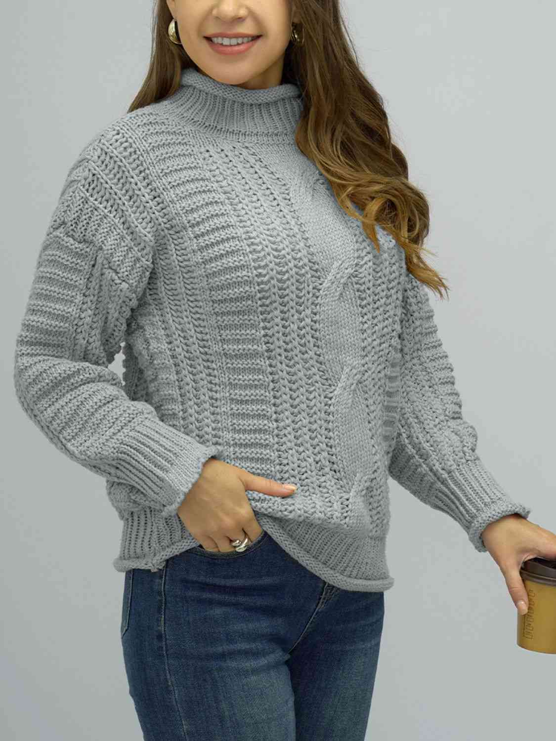 Dark Gray Cable-Knit Mock Neck Sweater Clothing