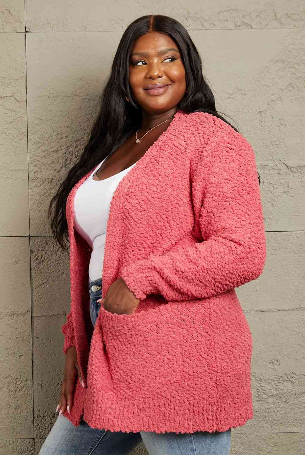 Rosy Brown Zenana Falling For You Full Size Open Front Popcorn Cardigan Clothing