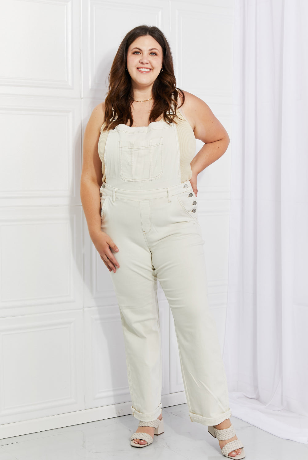 Light Gray White Orchard Judy Blue Full Size Taylor High Waist Overalls Overalls