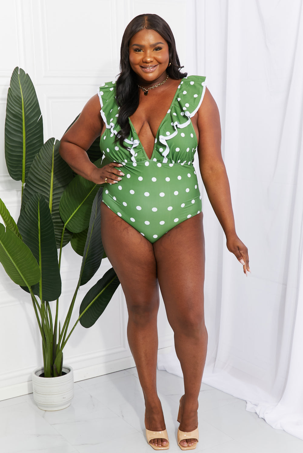 Dark Slate Gray Marina West Swim Moonlit Dip Ruffle Plunge Swimsuit in Mid Green Swimwear