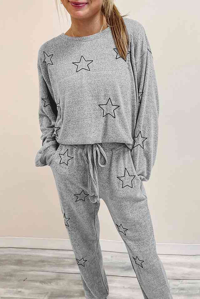 Gray Star Print Long Sleeve Top and Pants Lounge Set Loungewear