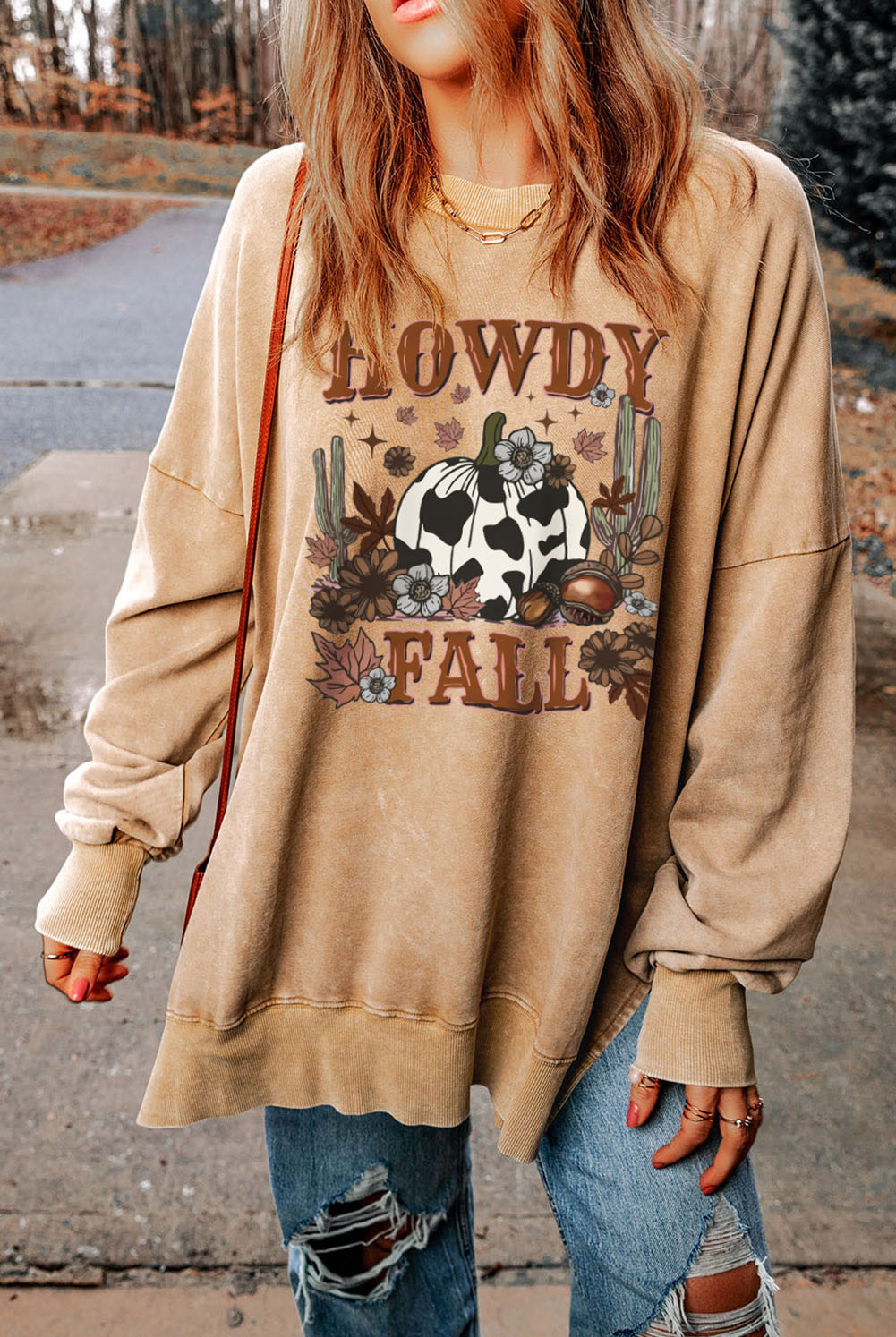 Rosy Brown Round Neck Dropped Shoulder HOWDY FALL Graphic Sweatshirt Sweatshirts