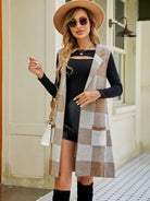 Dark Gray Plaid Lapel Collar Sleeveless Cardigan