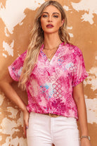 Dark Salmon Floral Notched Neck Short Sleeve Top Tops